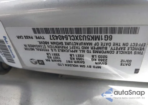 2012 Chevrolet Caprice Detective z USA, uszkodzony, nr VIN 6G1MK5U3XCL640437